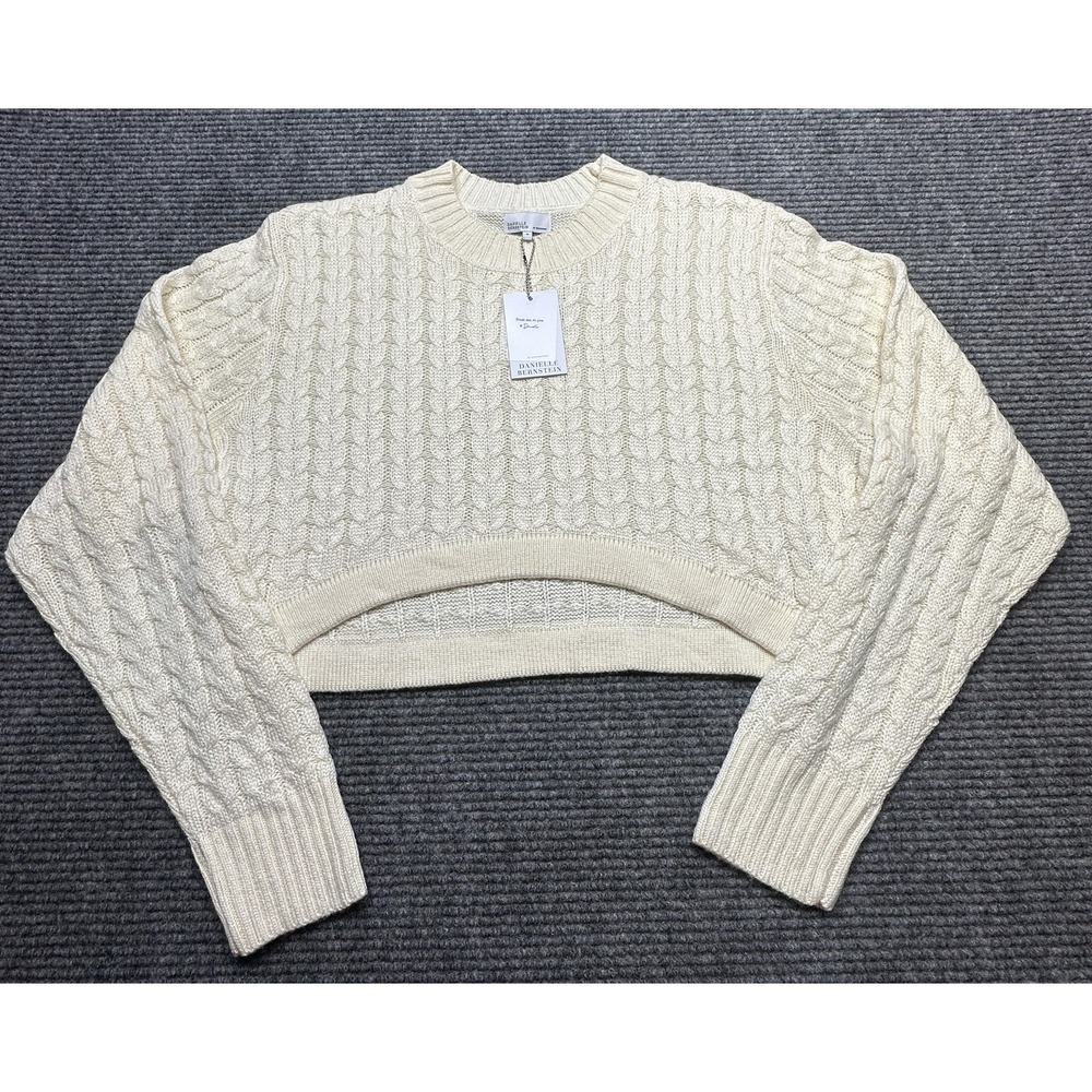 Danielle Bernstein Sweater Womens Medium Ivory Mock Neck Cable Knit Cropped New‎